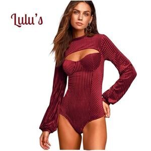 Lulus Striped Sheer Burgundy Feminine Victorian Cut Out Body Suit NWOT Size L